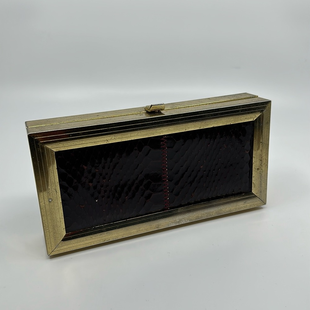Vtg Margolin goldtone & snakeskin metal clutch bag